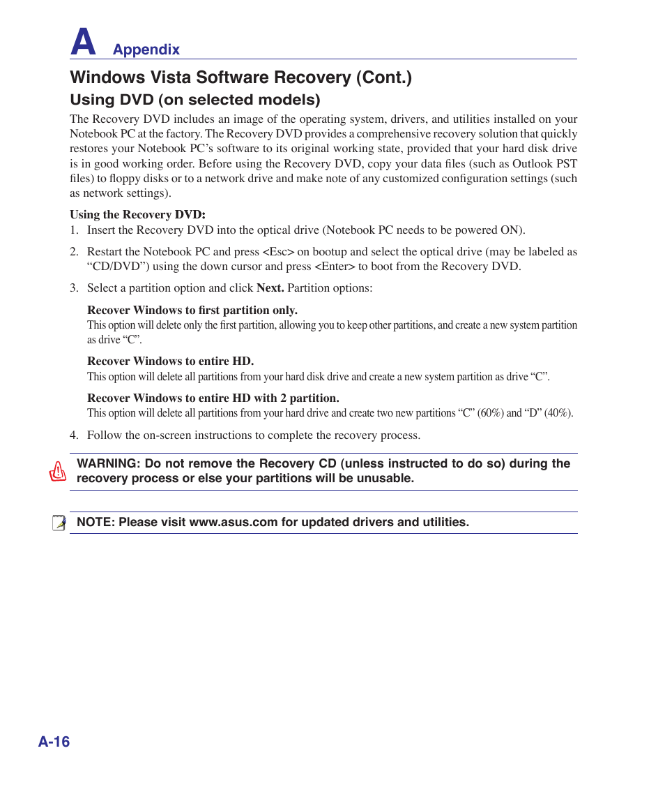 Windows vista software recovery (cont.) | Asus F7E User Manual | Page 70 / 87