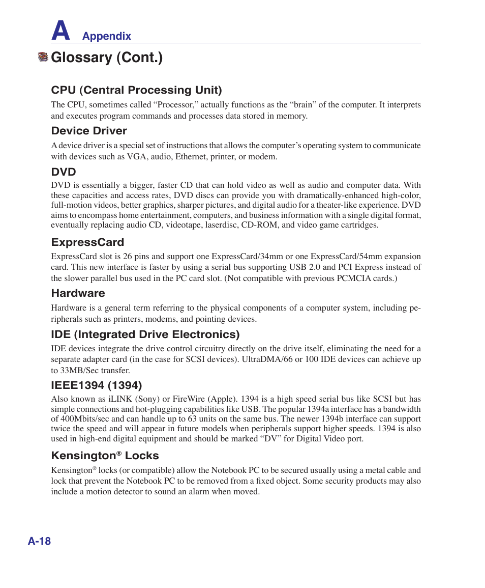 Glossary (cont.) | Asus F7E User Manual | Page 72 / 87