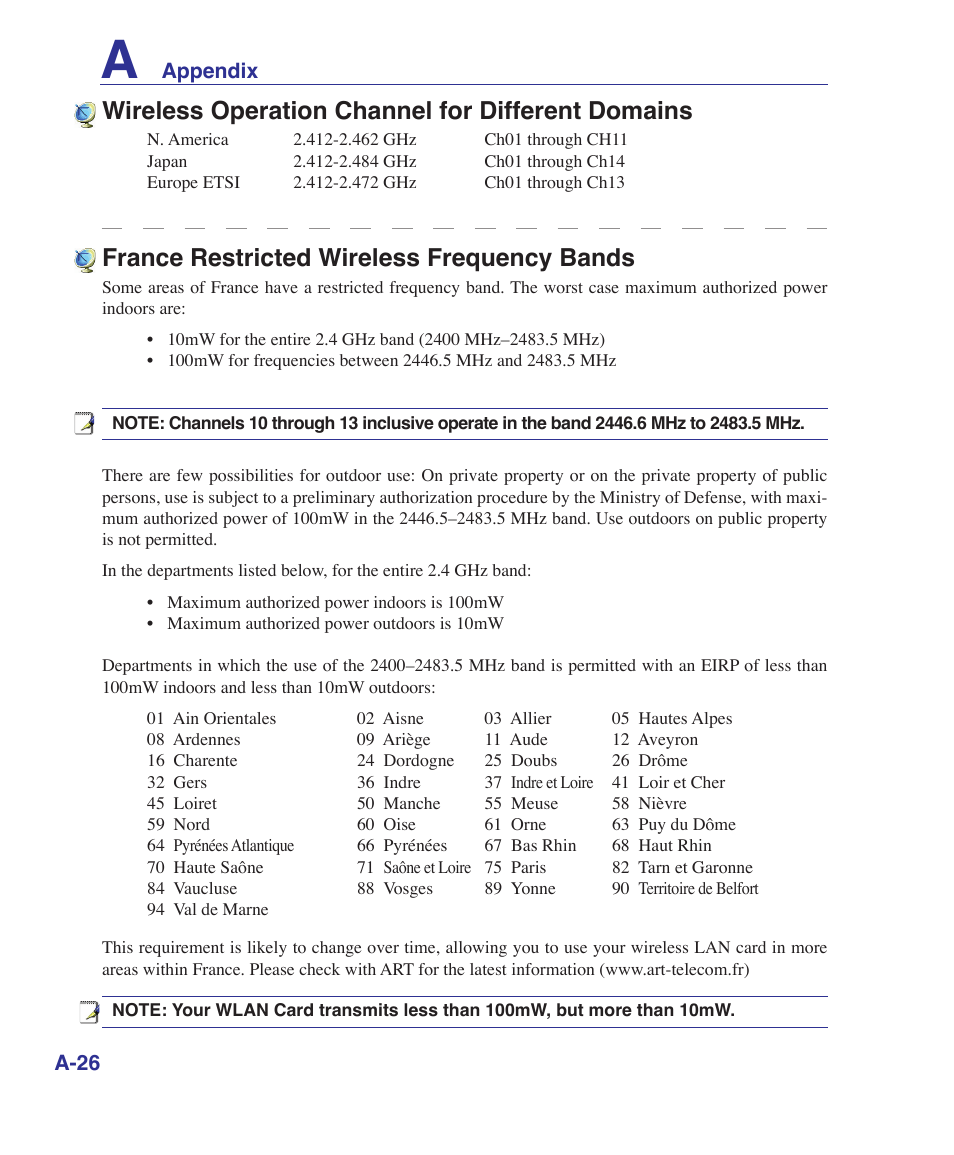 France restricted wireless frequency bands, Wireless operation channel for different domains | Asus F7E User Manual | Page 80 / 87