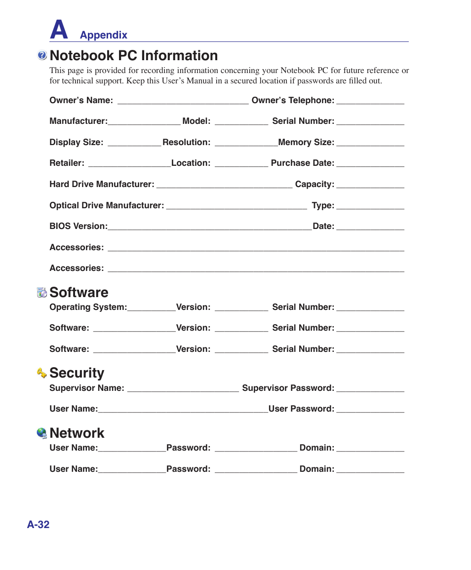 Notebook pc information, Software, Security | Network | Asus F7E User Manual | Page 86 / 87