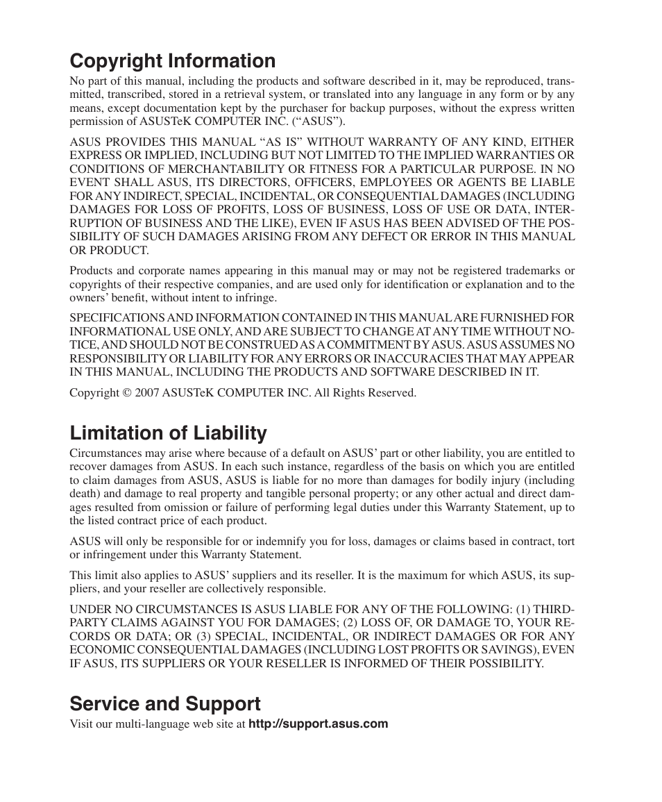 Copyright information, Limitation of liability, Service and support | Asus F7E User Manual | Page 87 / 87