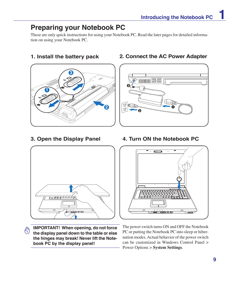 Preparing your notebook pc | Asus F7E User Manual | Page 9 / 87