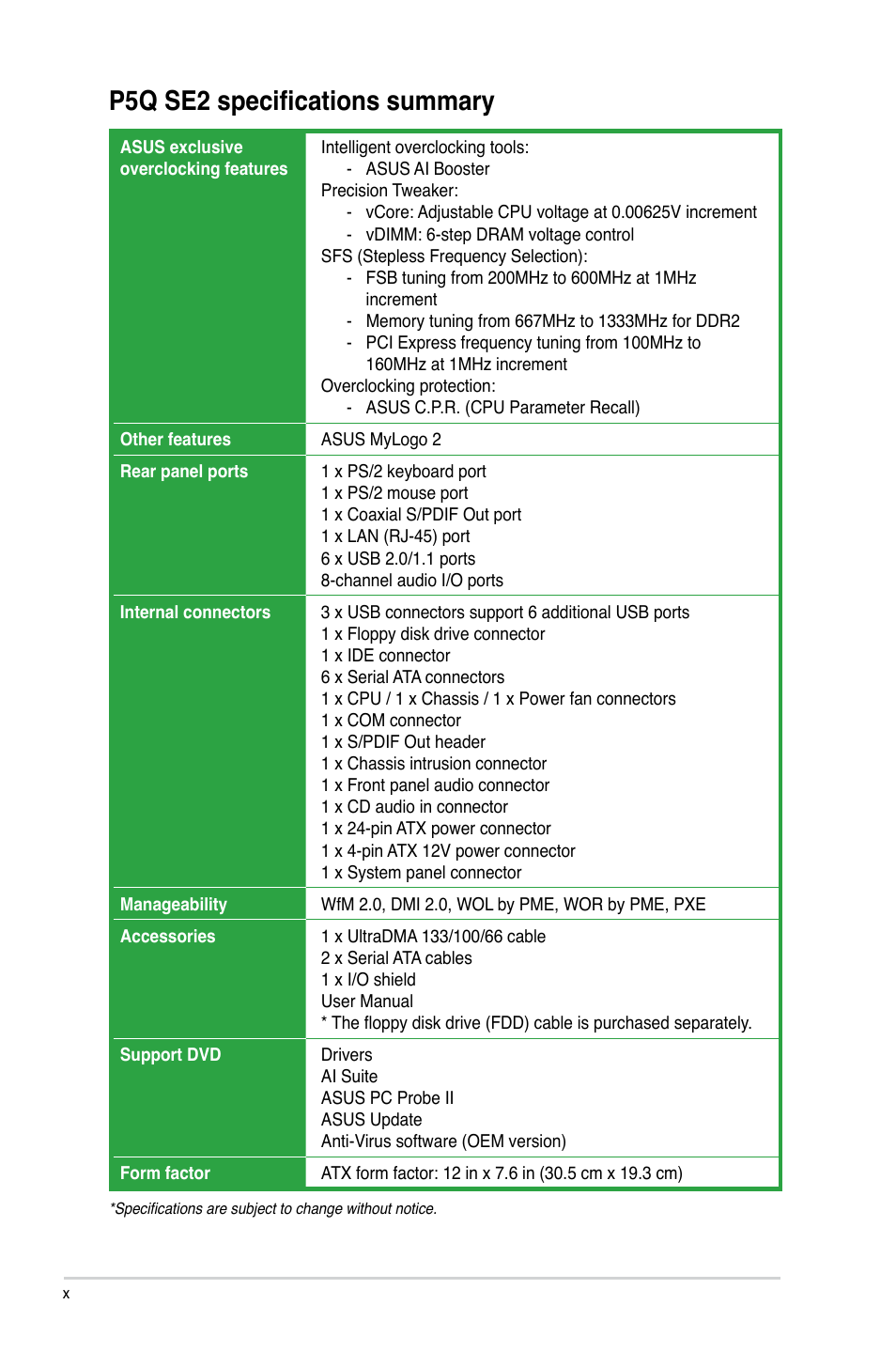 P5q se2 specifications summary | Asus P5Q SE2 User Manual | Page 10 / 64