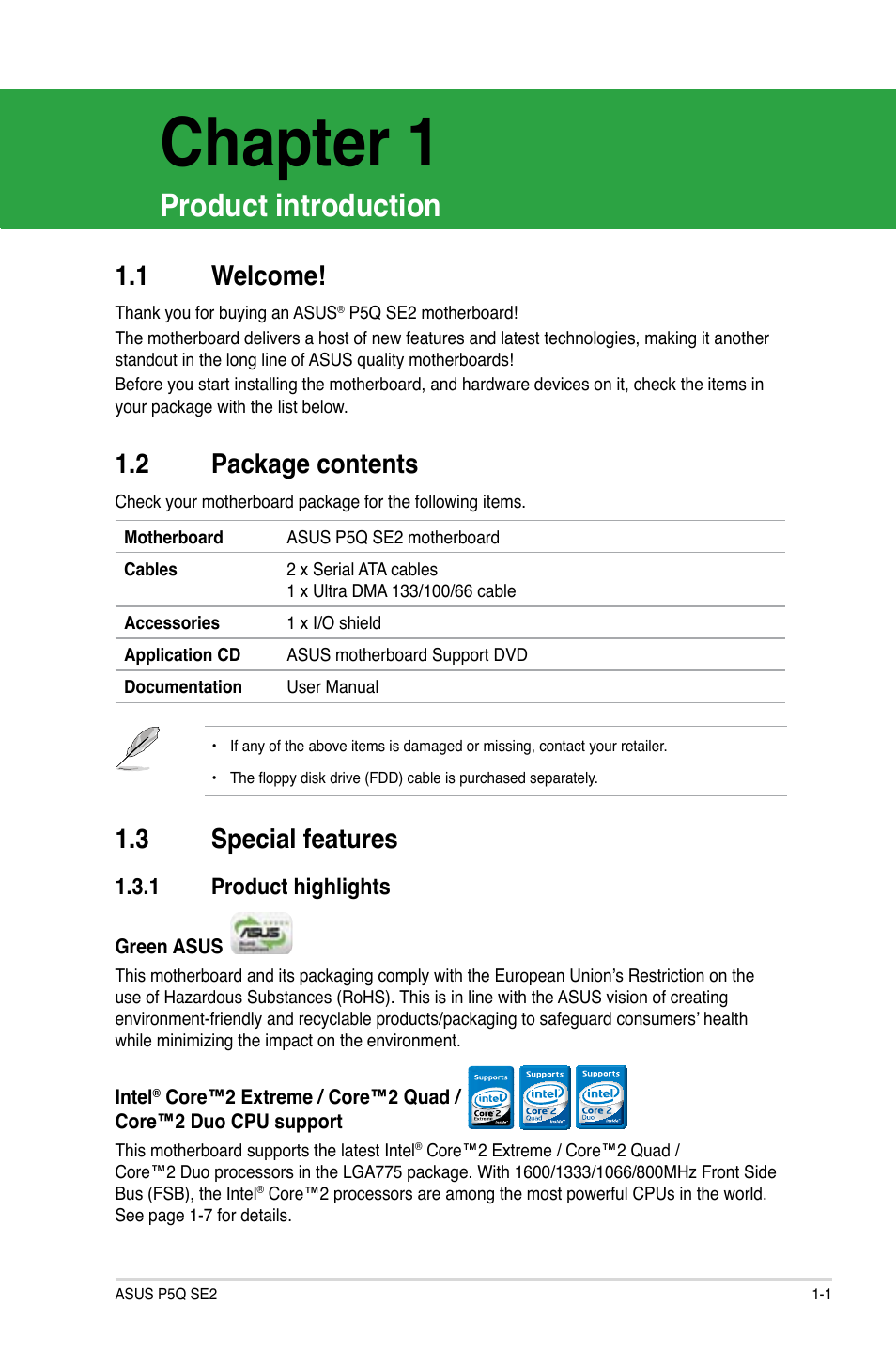 Chapter 1: product introduction, 1 welcome, 2 package contents | 3 special features, 1 product highlights, Chapter.1, Product.introduction, Welcome! -1, Package.contents -1, Special.features -1 1.3.1 | Asus P5Q SE2 User Manual | Page 11 / 64