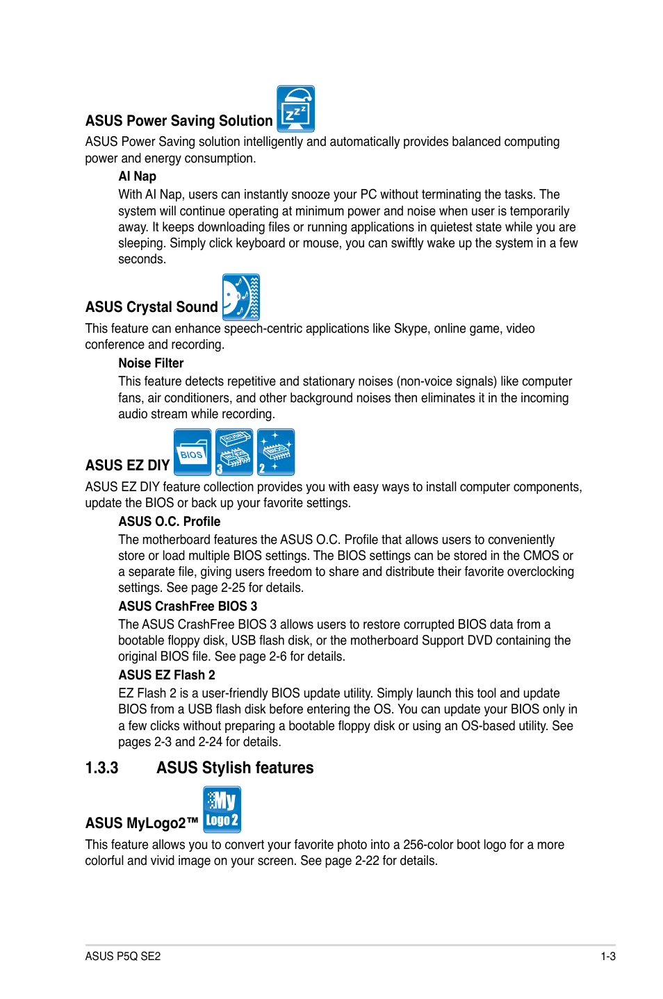 3 asus stylish features, Asus stylish features -3, Asus.stylish.features | Asus P5Q SE2 User Manual | Page 13 / 64