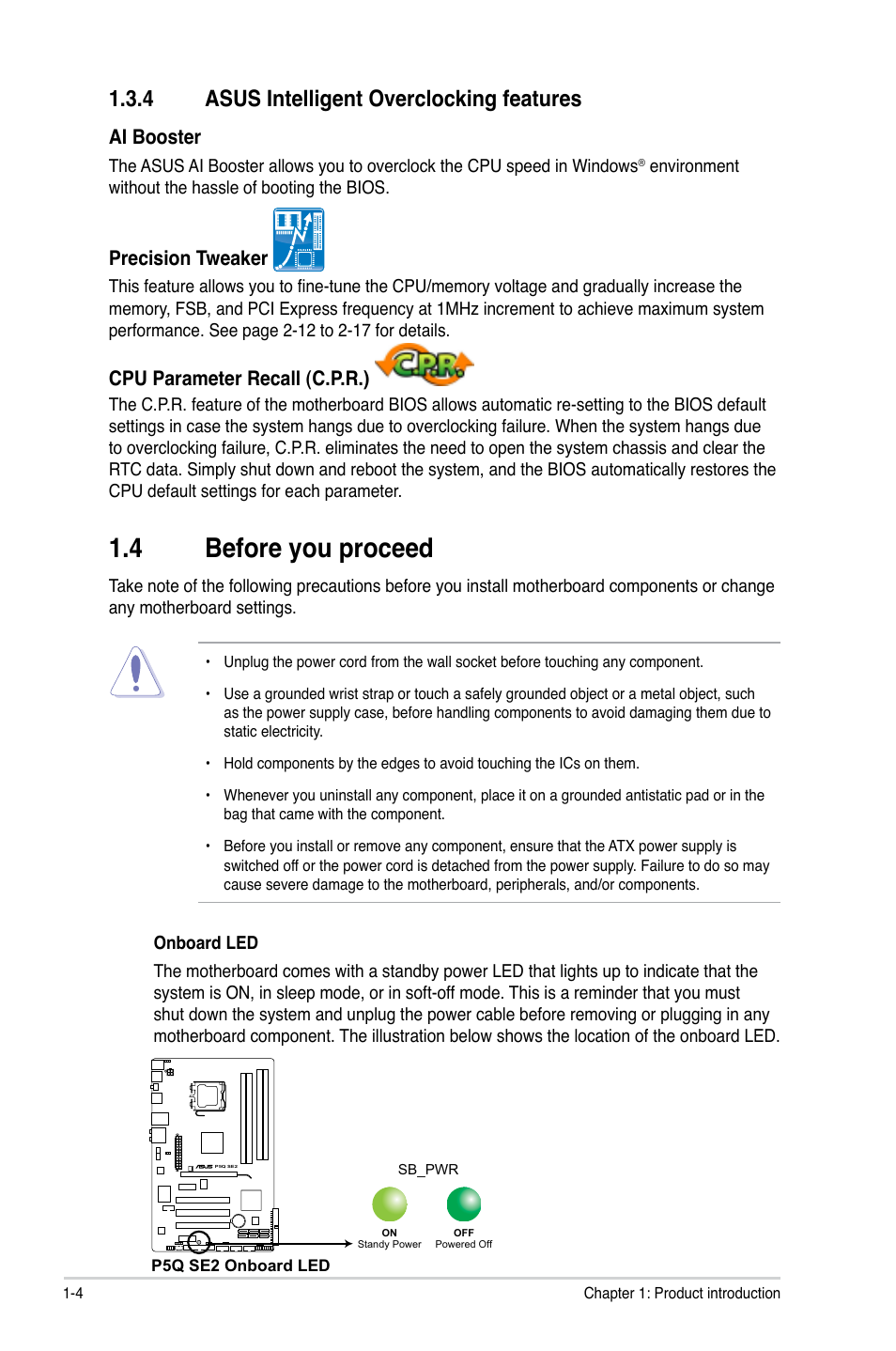 4 asus intelligent overclocking features, 4 before you proceed, Asus intelligent overclocking features -4 | Before.you.proceed -4, Before.you.proceed, Asus.intelligent.overclocking.features | Asus P5Q SE2 User Manual | Page 14 / 64