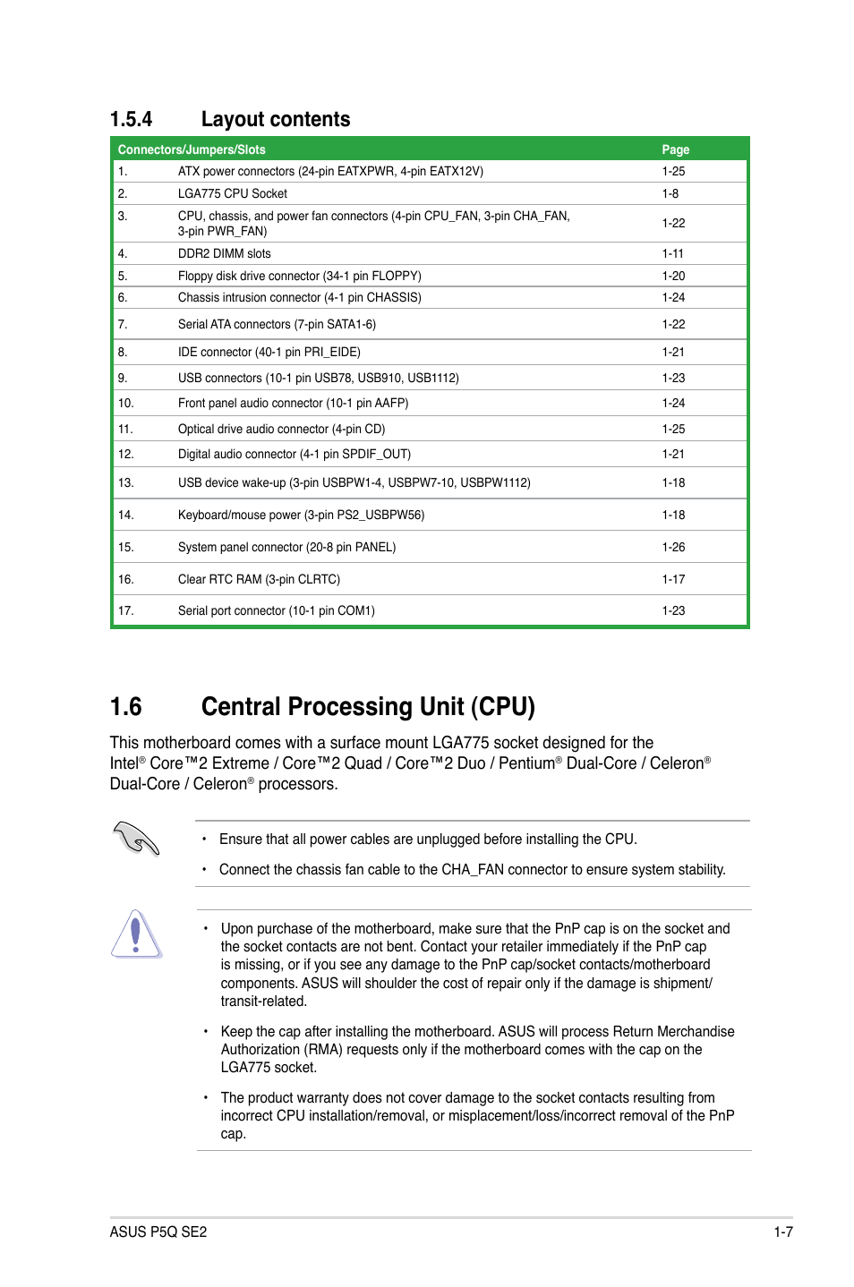 4 layout contents, 6 central processing unit (cpu), Layout contents -7 | Central.processing.unit.(cpu) -7, Central.processing.unit.(cpu), Layout.contents, Dual-core / celeron, Processors | Asus P5Q SE2 User Manual | Page 17 / 64