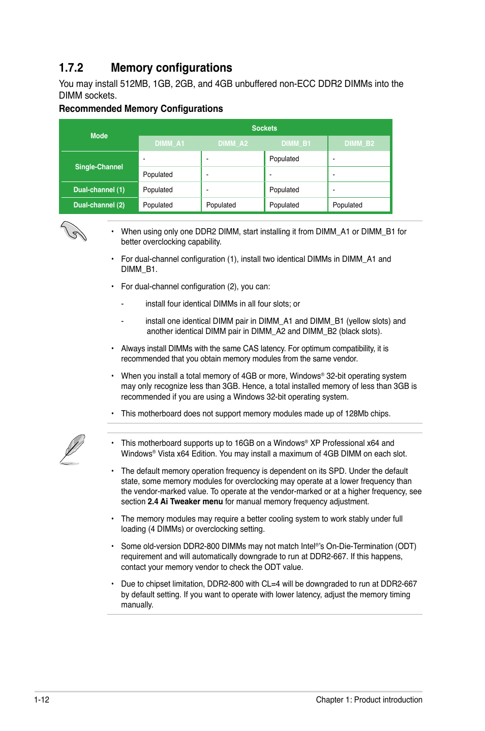 2 memory configurations, Memory configurations -12 | Asus P5Q SE2 User Manual | Page 22 / 64