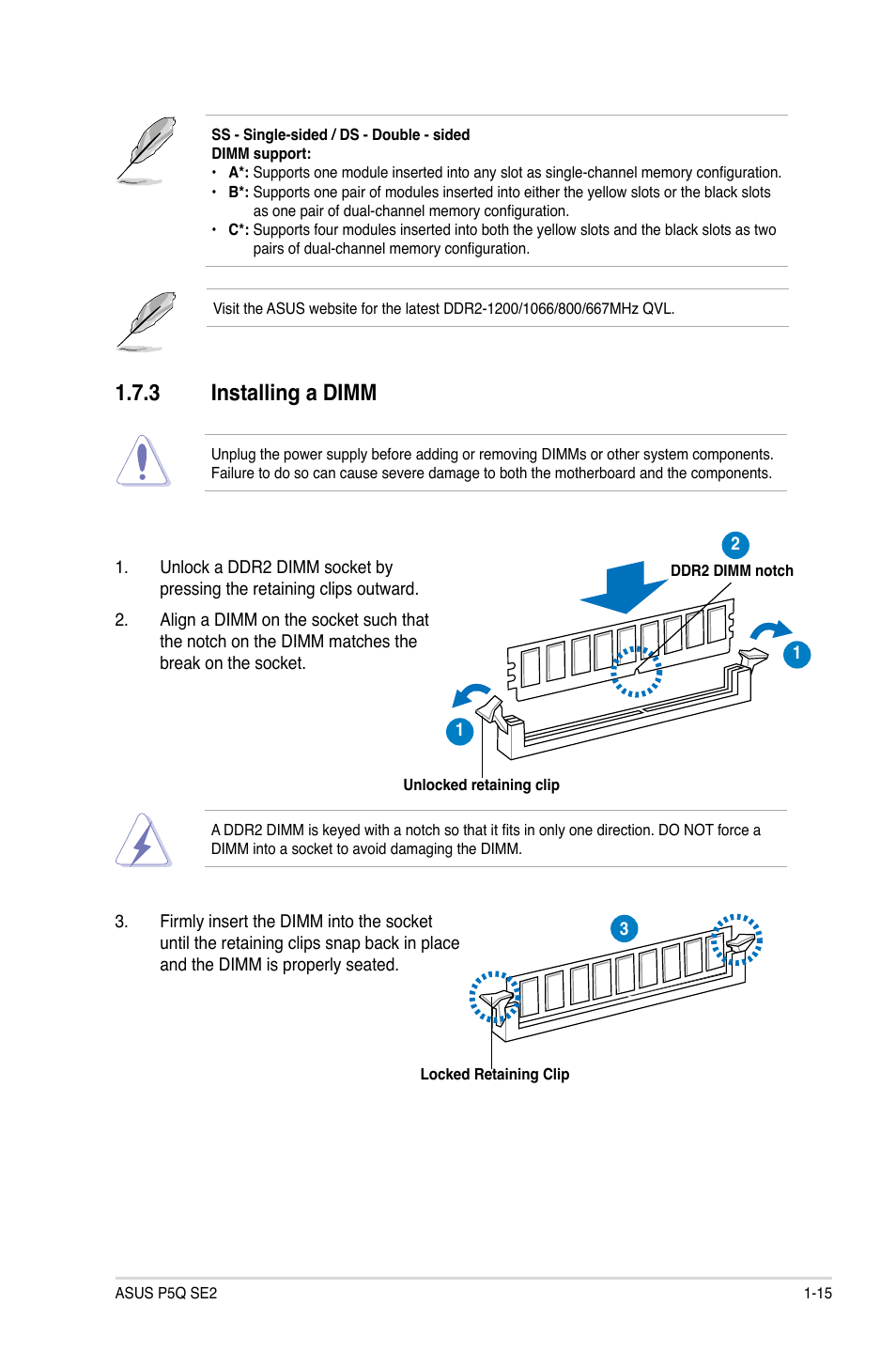 3 installing a dimm, Installing a dimm -15, Installing.a.dimm | Asus P5Q SE2 User Manual | Page 25 / 64