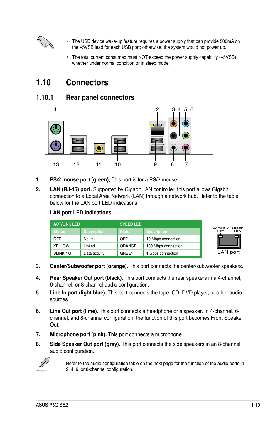 10 connectors, 1 rear panel connectors, Connectors -19 | 1 rear panel connectors -19, Connectors, Rear.panel.connectors | Asus P5Q SE2 User Manual | Page 29 / 64