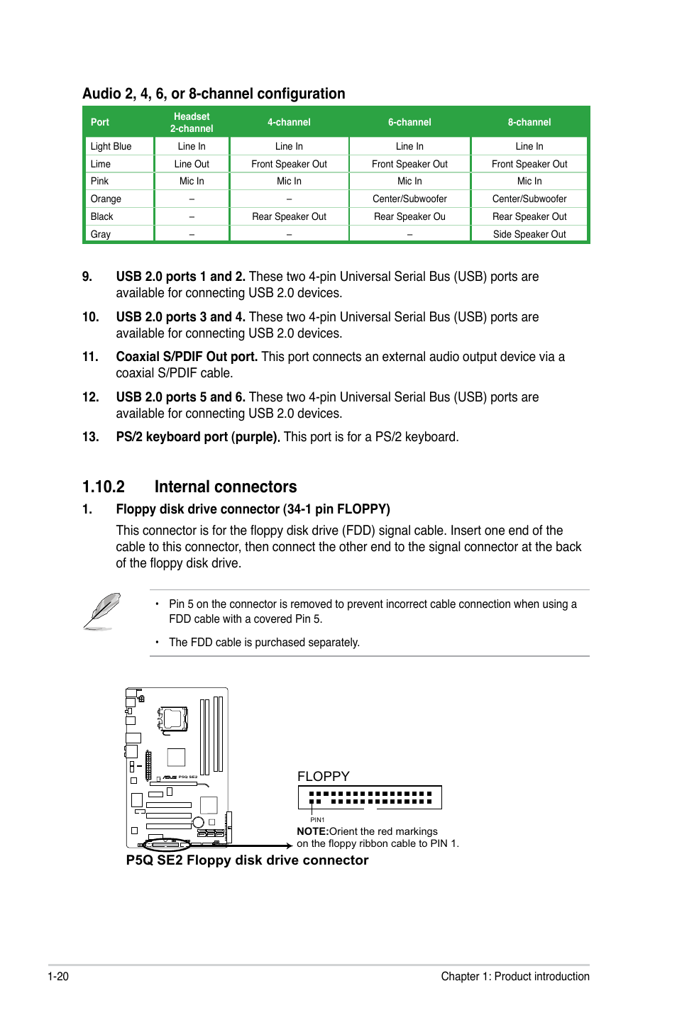 2 internal connectors, 2 internal connectors -20, Internal.connectors | Audio 2, 4, 6, or 8-channel configuration | Asus P5Q SE2 User Manual | Page 30 / 64