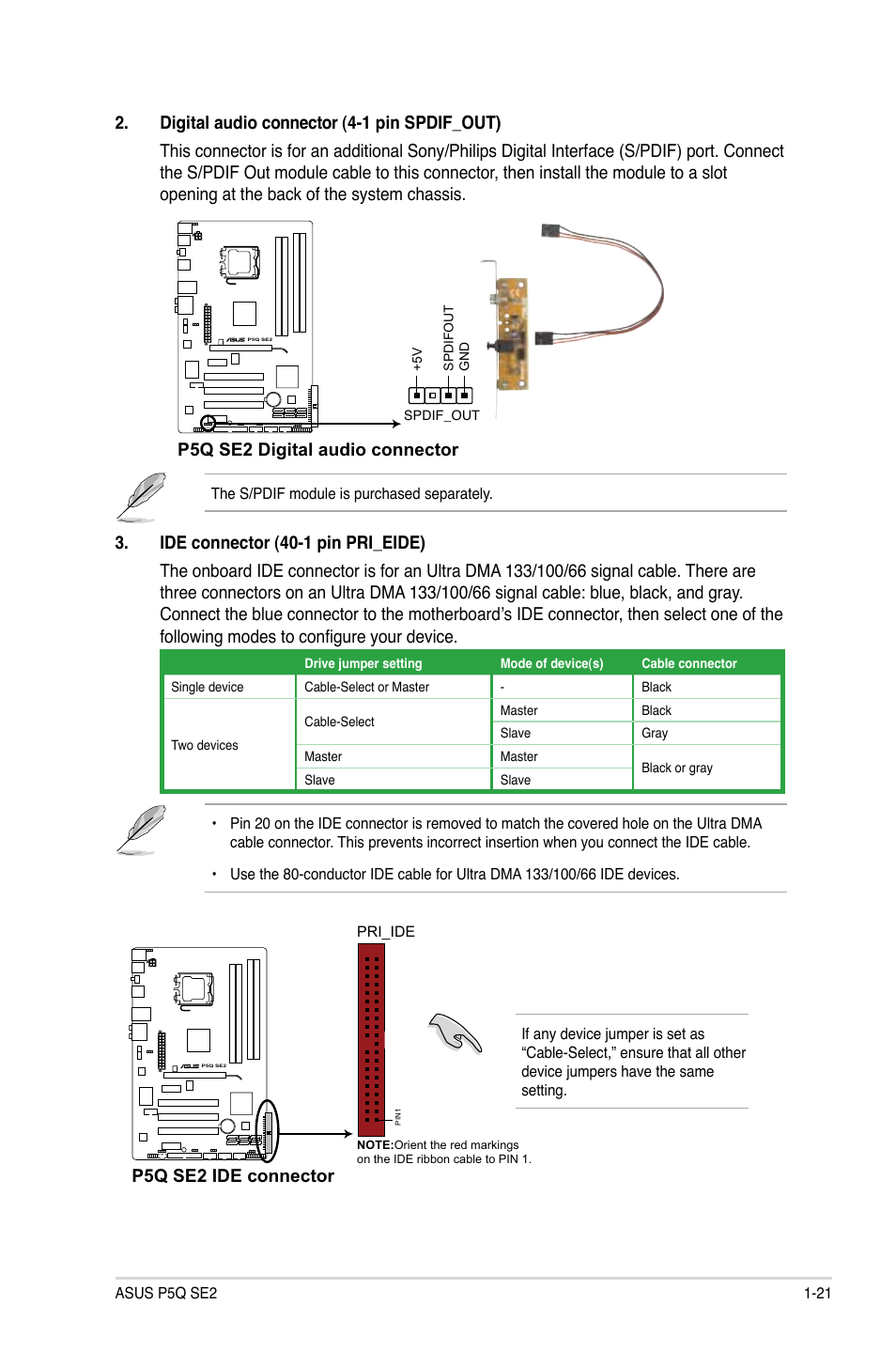 P5q se2 digital audio connector, P5q se2 ide connector | Asus P5Q SE2 User Manual | Page 31 / 64