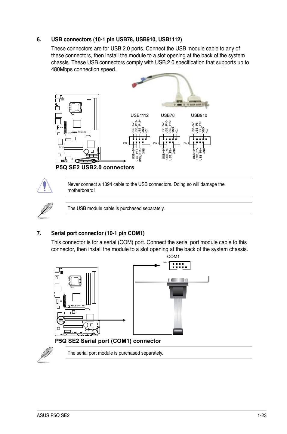 P5q se2 usb2.0 connectors, P5q se2 serial port (com1) connector, The serial port module is purchased separately | Asus P5Q SE2 User Manual | Page 33 / 64