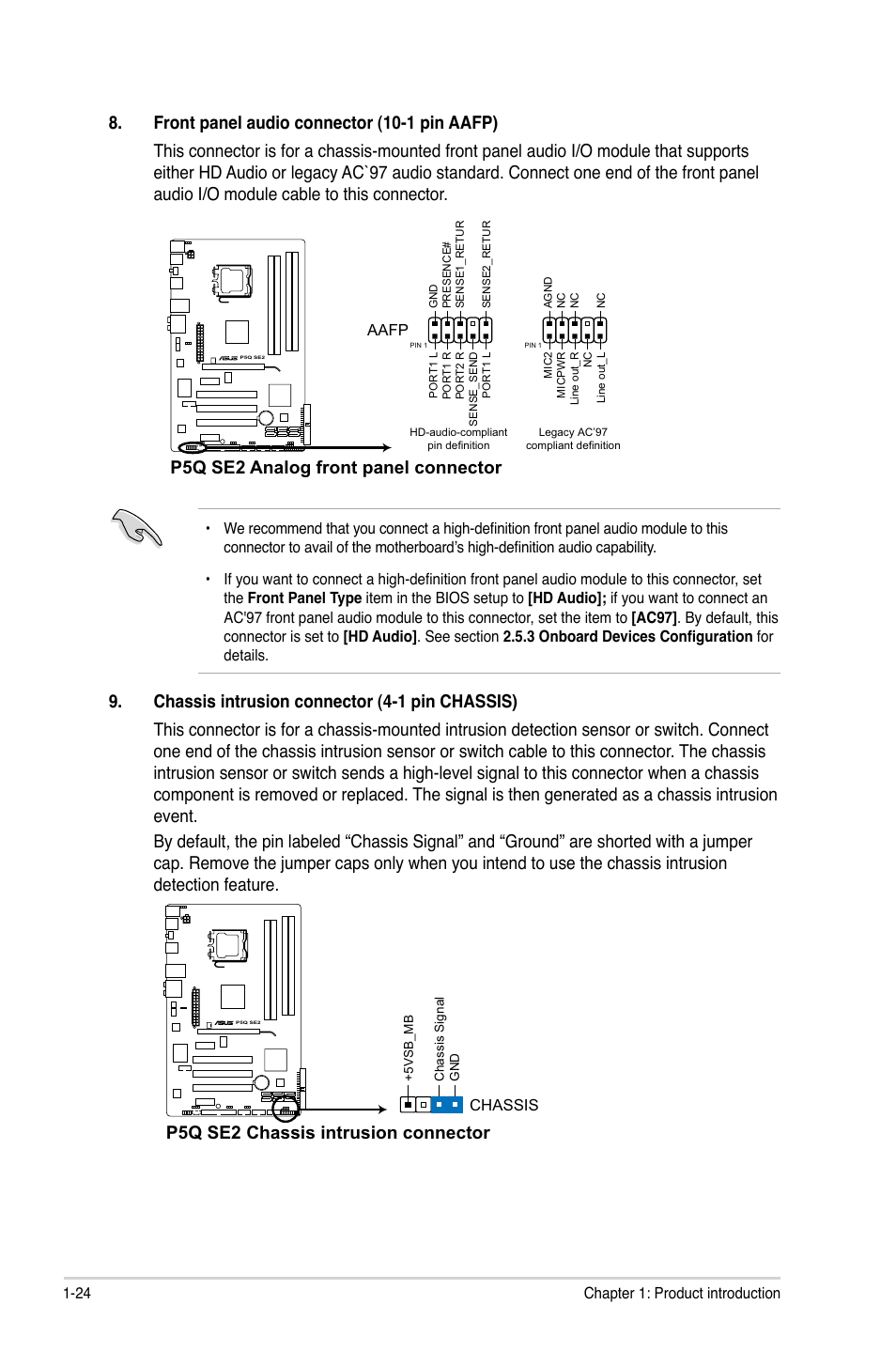 P5q se2 analog front panel connector, P5q se2 chassis intrusion connector | Asus P5Q SE2 User Manual | Page 34 / 64