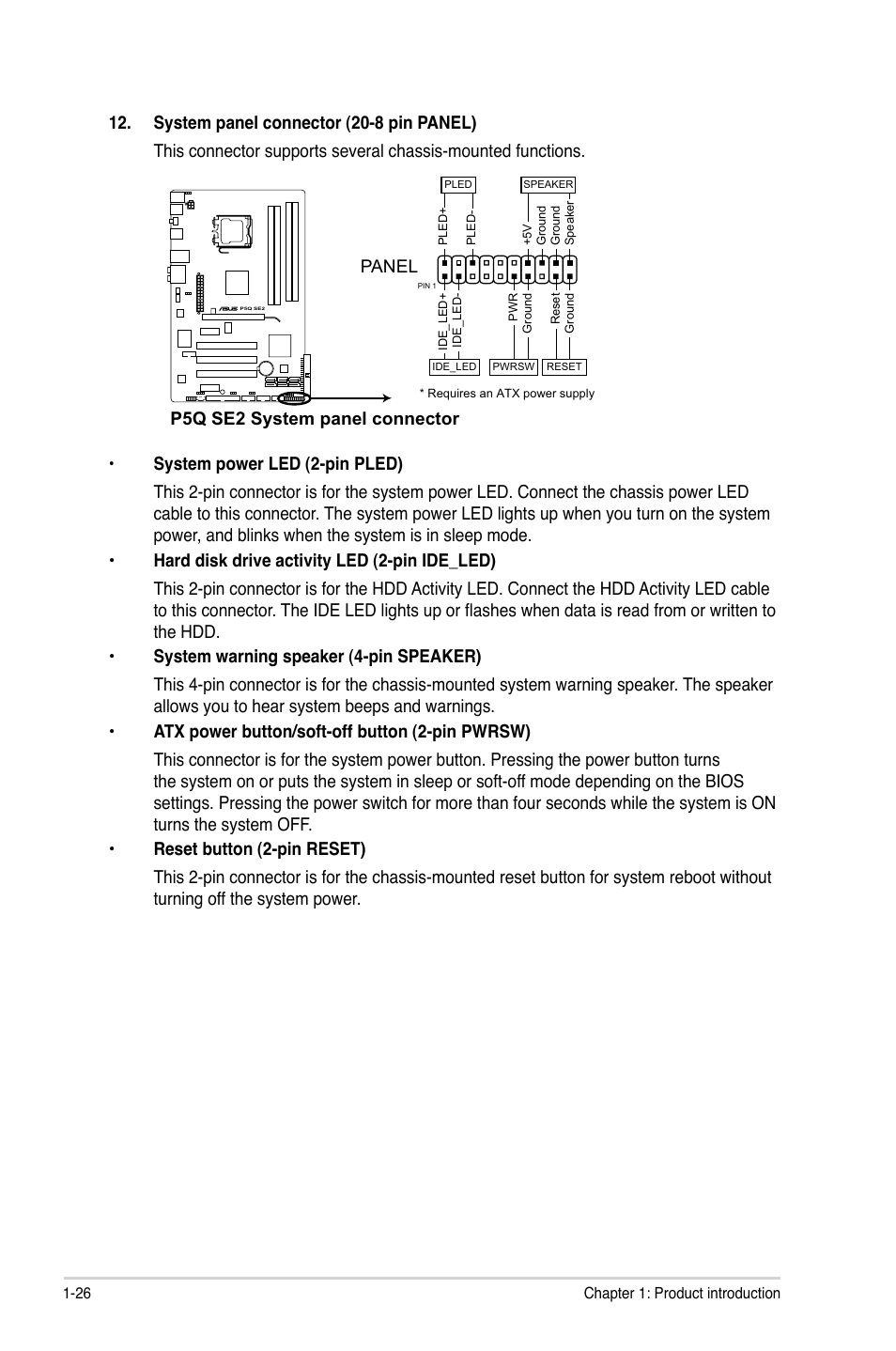 P5q se2 system panel connector, Panel | Asus P5Q SE2 User Manual | Page 36 / 64