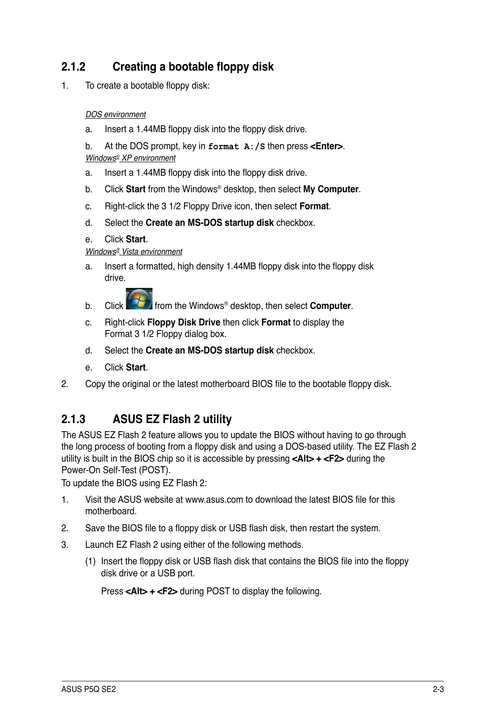 2 creating a bootable floppy disk, 3 asus ez flash 2 utility, Creating a bootable floppy disk -3 | Asus ez flash 2 utility -3, Asus.ez.flash.2.utility | Asus P5Q SE2 User Manual | Page 41 / 64