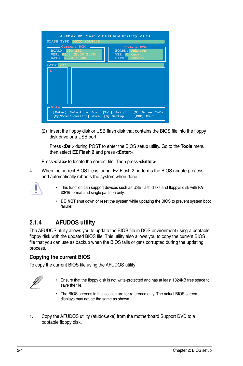 4 afudos utility, Afudos utility -4, Afudos.utility | Copying.the.current.bios | Asus P5Q SE2 User Manual | Page 42 / 64