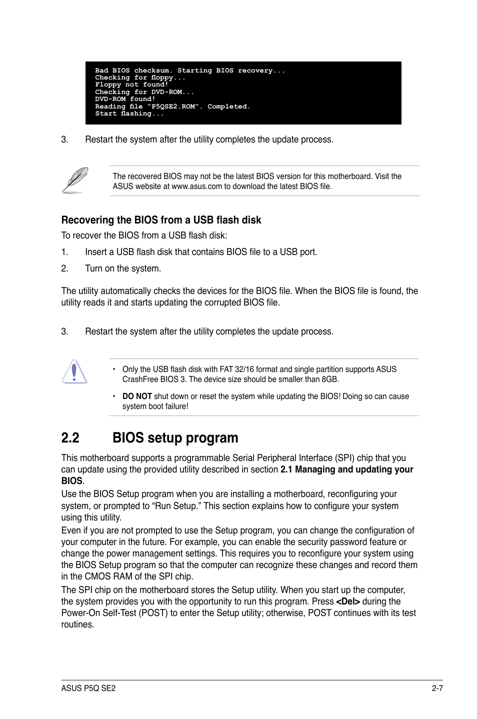 2 bios setup program, Bios.setup.program -7, Bios.setup.program | Asus P5Q SE2 User Manual | Page 45 / 64