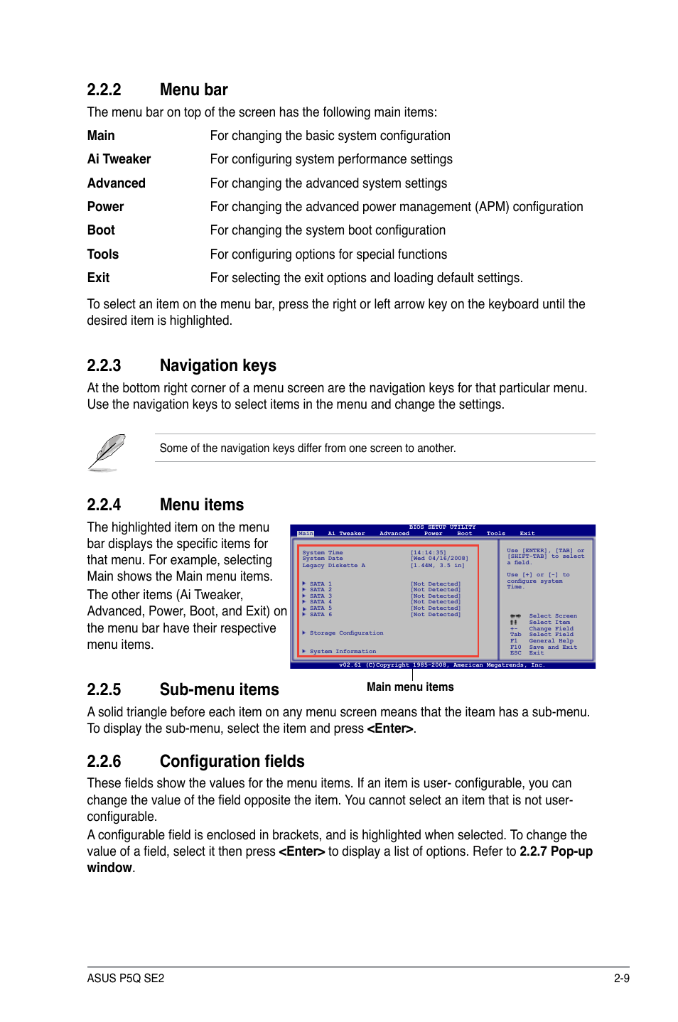 2 menu bar, 3 navigation keys, 4 menu items | 5 sub-menu items, 6 configuration fields, Menu bar -9, Navigation keys -9, Menu items -9, Sub-menu items -9, Configuration fields -9 | Asus P5Q SE2 User Manual | Page 47 / 64