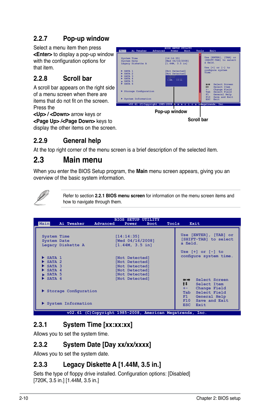 7 pop-up window, 8 scroll bar, 9 general help | 3 main menu, 1 system time, 2 system date, 3 legacy diskette a, Pop-up window -10, Scroll bar -10, General help -10 | Asus P5Q SE2 User Manual | Page 48 / 64