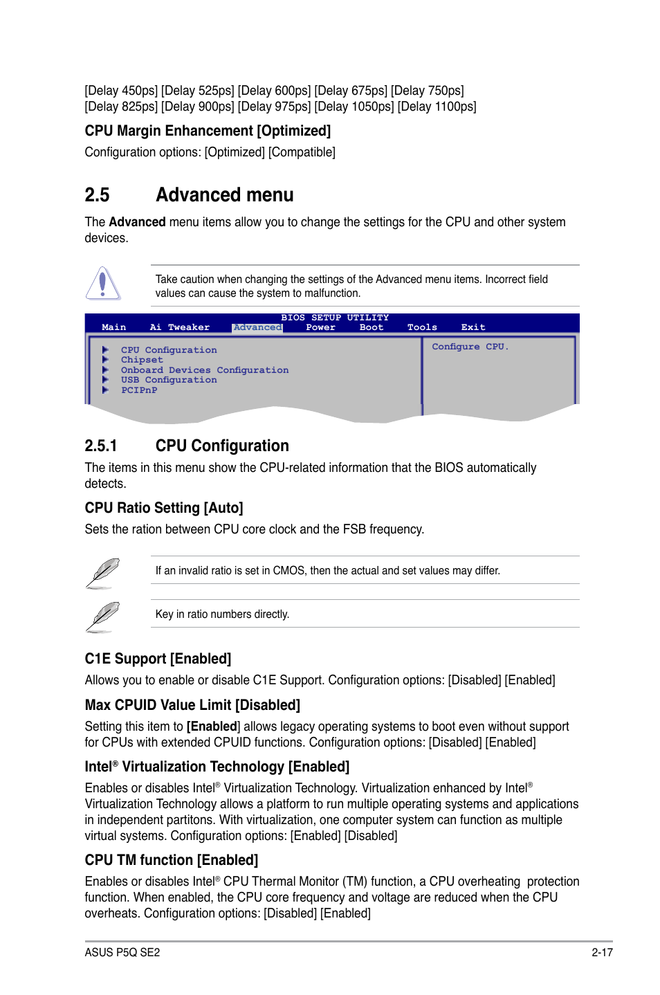 5 advanced menu, 1 cpu configuration, Advanced.menu -17 2.5.1 | Cpu configuration -17, Advanced.menu | Asus P5Q SE2 User Manual | Page 55 / 64