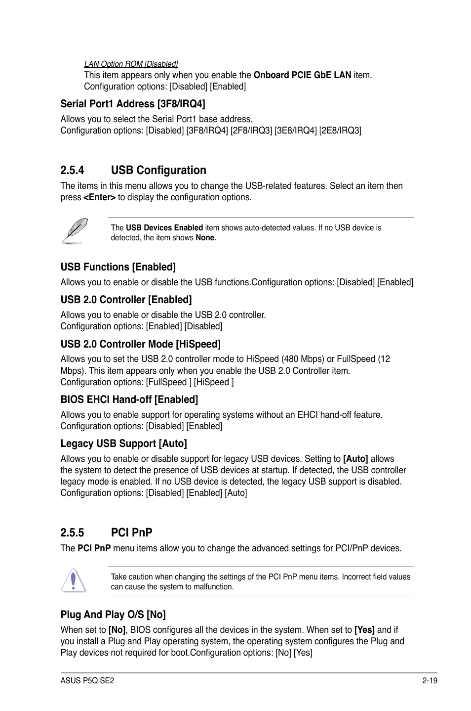 4 usb configuration, 5 pci pnp, Usb configuration -19 | Pci pnp -19, Pci.pnp | Asus P5Q SE2 User Manual | Page 57 / 64