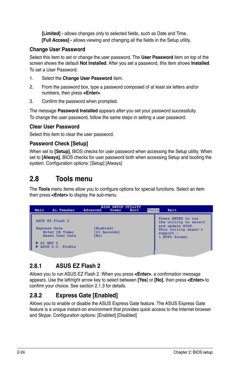 8 tools menu, 1 asus ez flash 2, 2 express gate | Tools.menu -24 2.8.1, Asus ez flash 2 -24, Express gate -24, Tools.menu, Asus.ez.flash.2, Express.gate.[enabled | Asus P5Q SE2 User Manual | Page 62 / 64