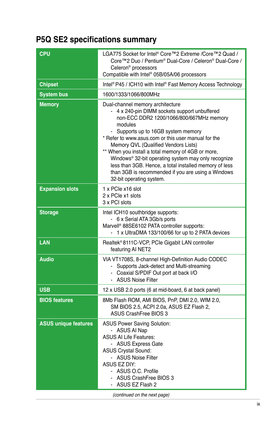 P5q se2 specifications summary | Asus P5Q SE2 User Manual | Page 9 / 64