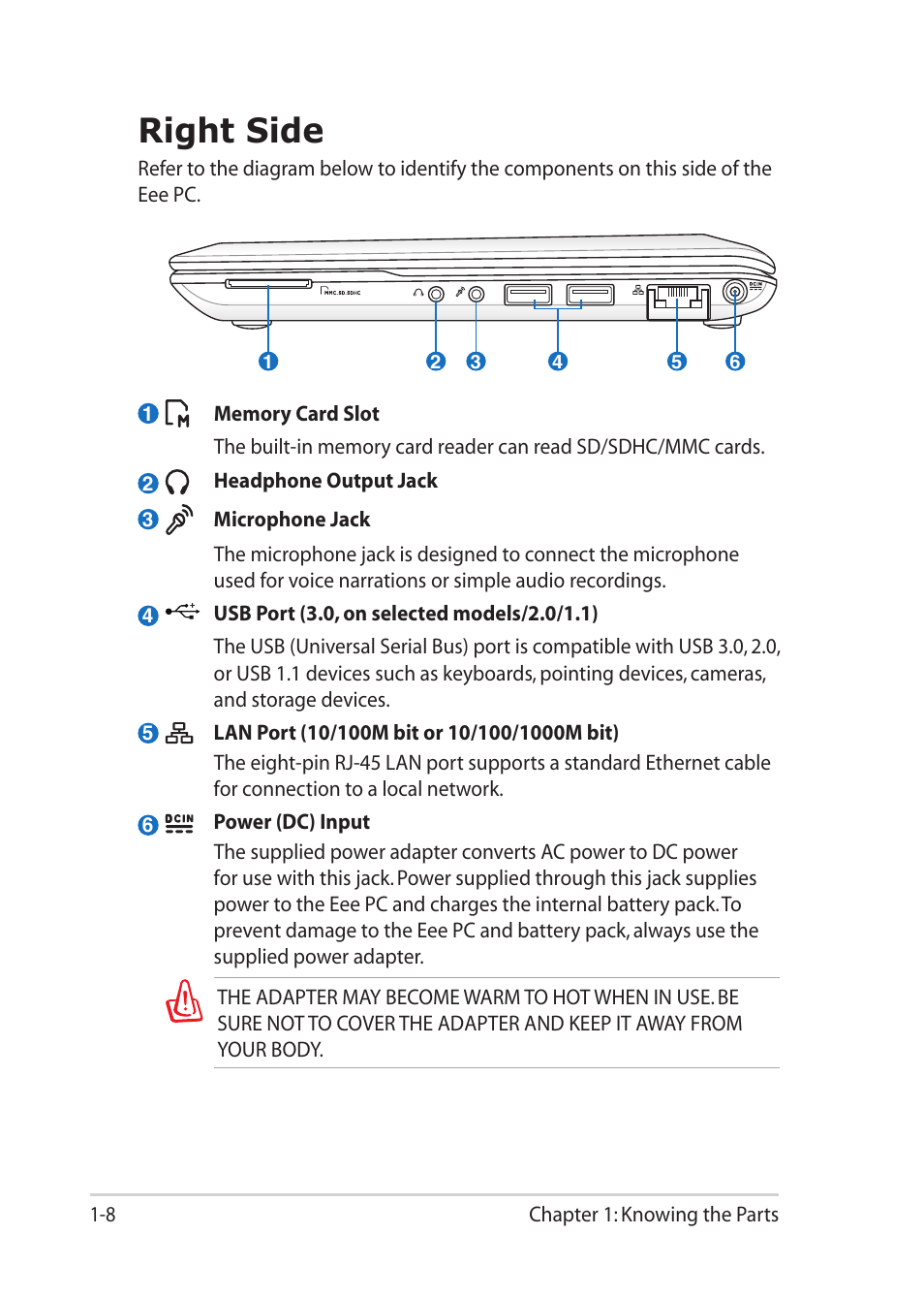 Right side, Right side -8 | Asus Eee PC 1018P User Manual | Page 16 / 64