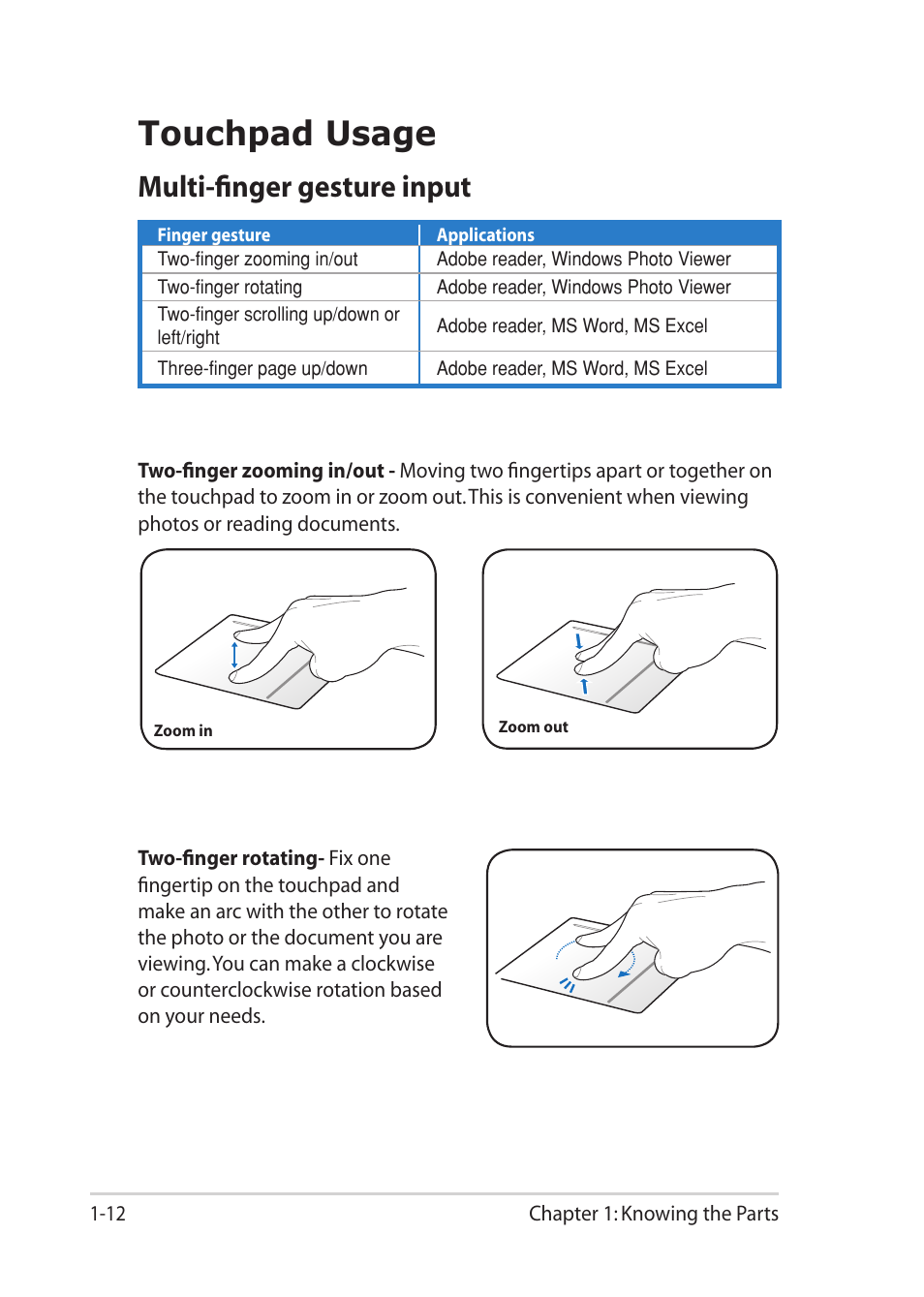 Touchpad usage, Multi-finger gesture input, Touchpad usage -12 | Multi-finger gesture input -12 | Asus Eee PC 1018P User Manual | Page 20 / 64