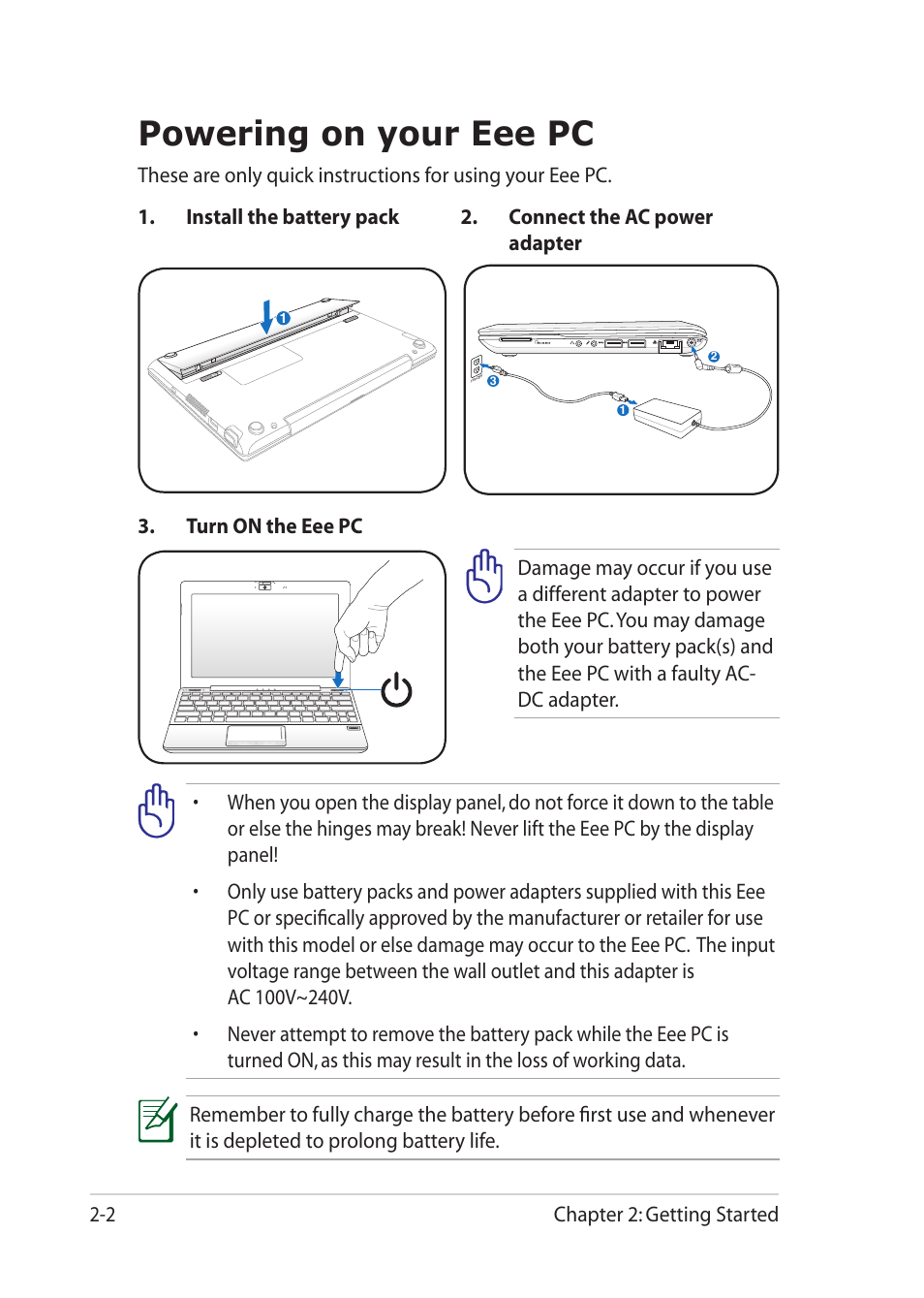 Powering on your eee pc, Powering on your eee pc -2 | Asus Eee PC 1018P User Manual | Page 24 / 64