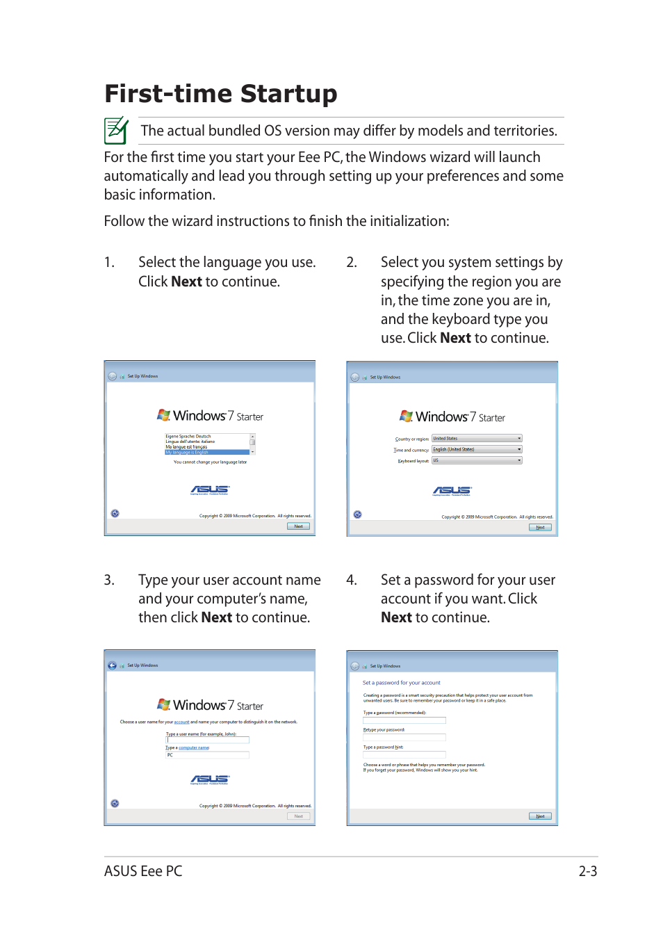 First-time startup, First-time startup -3 | Asus Eee PC 1018P User Manual | Page 25 / 64