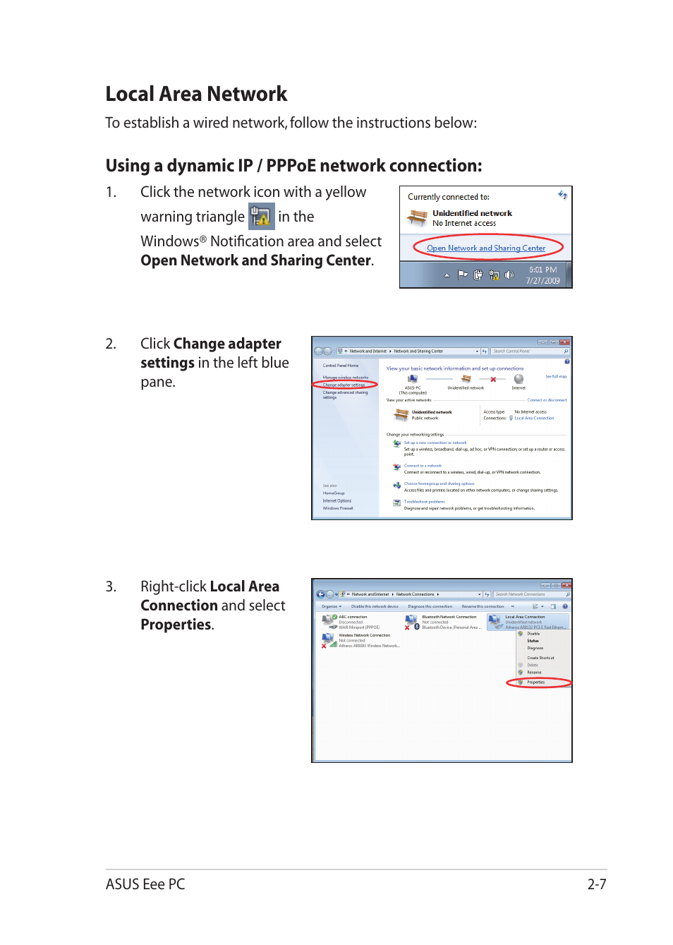 Local area network, Local area network -7 | Asus Eee PC 1018P User Manual | Page 29 / 64