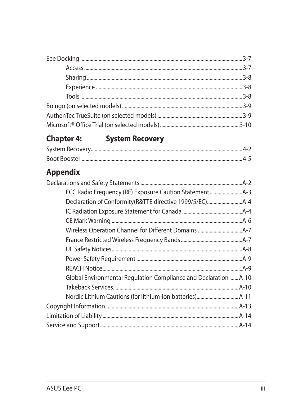 Chapter 4: system recovery, Appendix | Asus Eee PC 1018P User Manual | Page 3 / 64