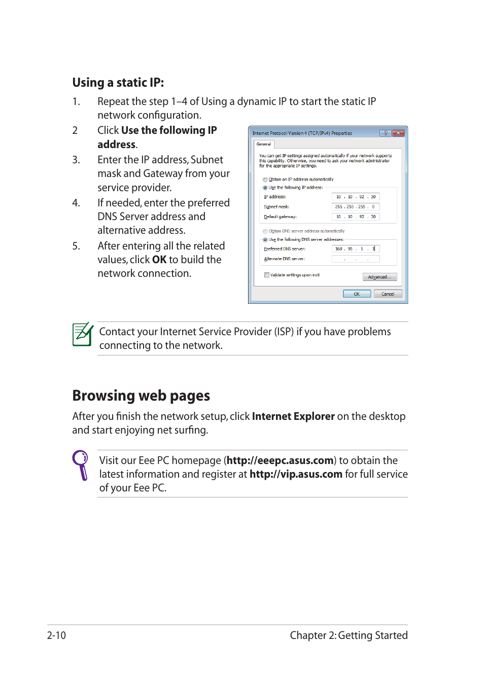 Browsing web pages | Asus Eee PC 1018P User Manual | Page 32 / 64