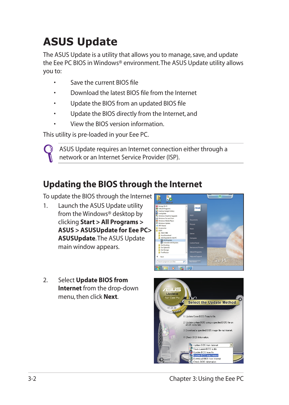 Asus update, Updating the bios through the internet, Asus update -2 | Updating the bios through the internet -2 | Asus Eee PC 1018P User Manual | Page 34 / 64