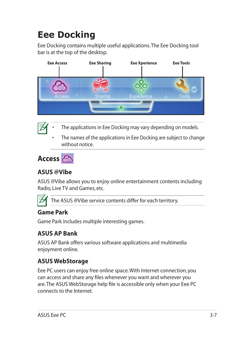 Eee docking, Access, Eee docking -7 | Access -7 | Asus Eee PC 1018P User Manual | Page 39 / 64