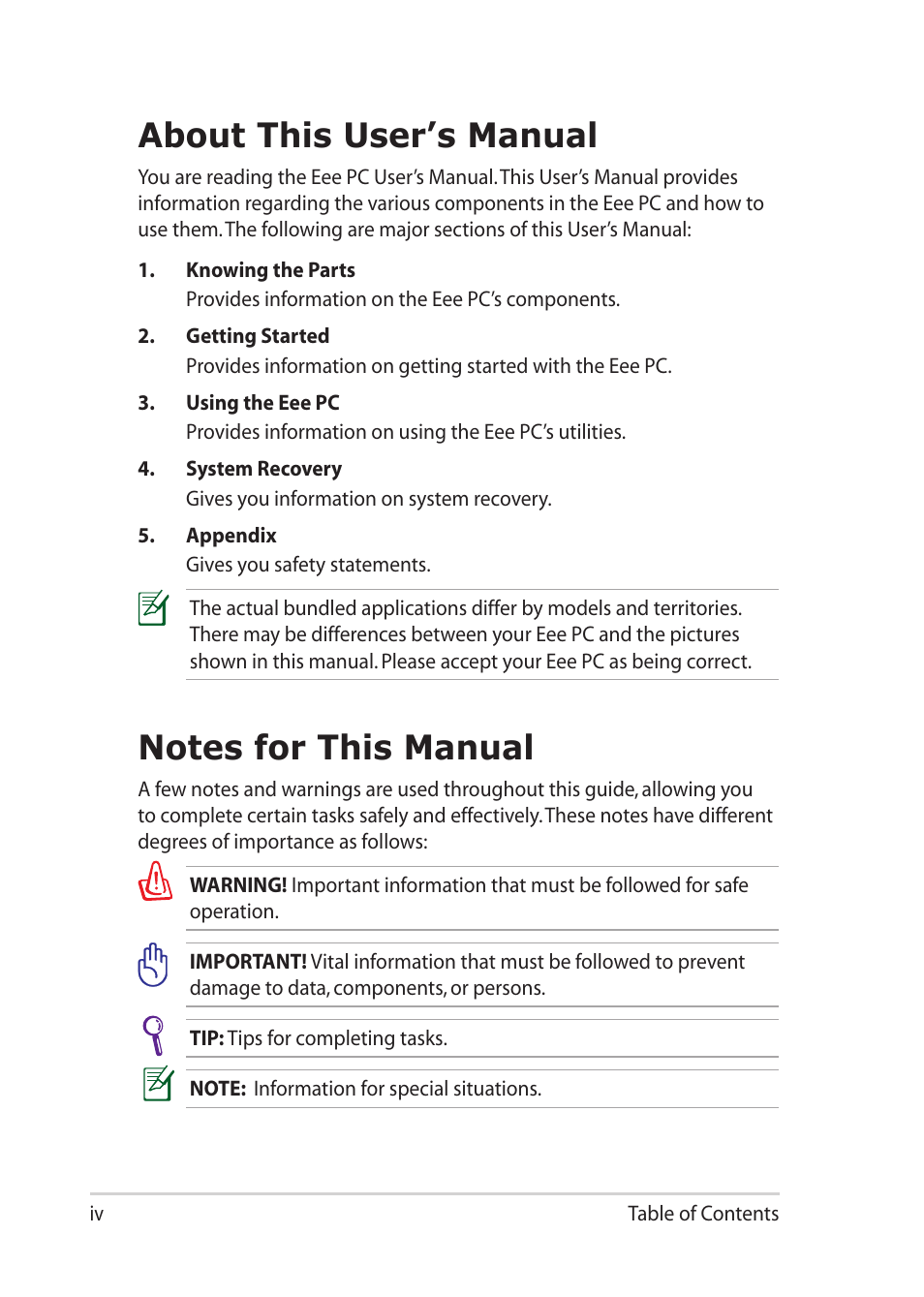 About this user’s manual, Notes for this manual | Asus Eee PC 1018P User Manual | Page 4 / 64