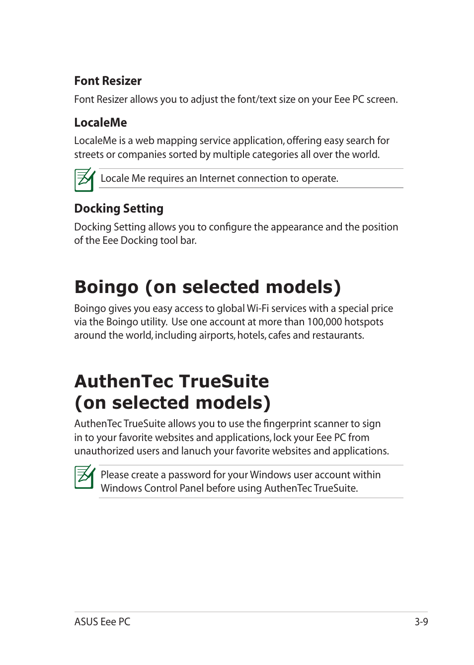 Boingo (on selected models), Authentec truesuite(on selected models), Authentec truesuite (on selected models) | Asus Eee PC 1018P User Manual | Page 41 / 64