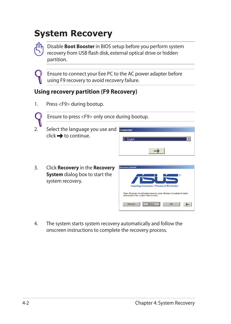 System recovery, System recovery -2 | Asus Eee PC 1018P User Manual | Page 44 / 64