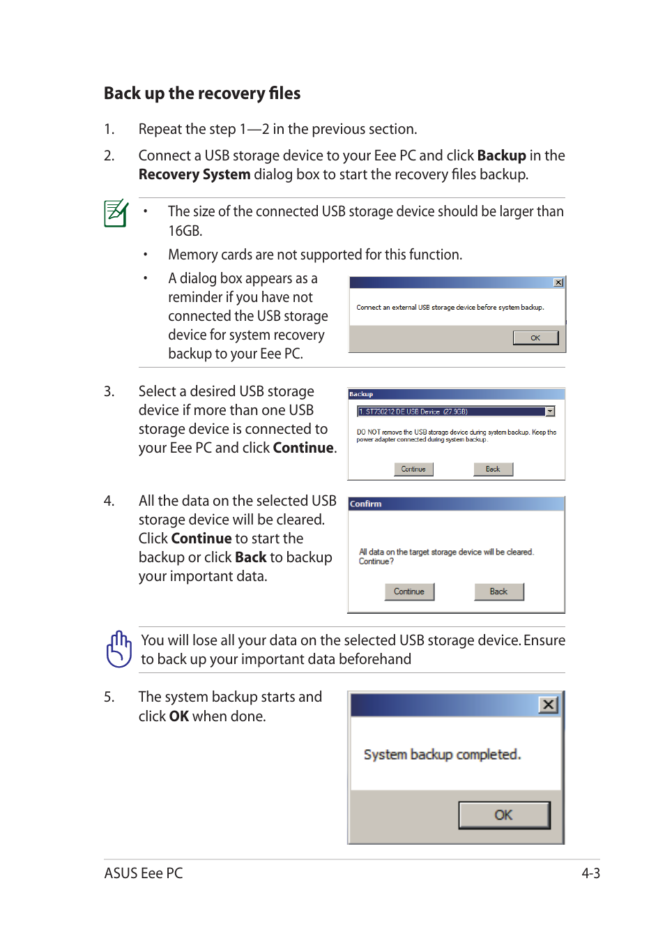 Back up the recovery files | Asus Eee PC 1018P User Manual | Page 45 / 64