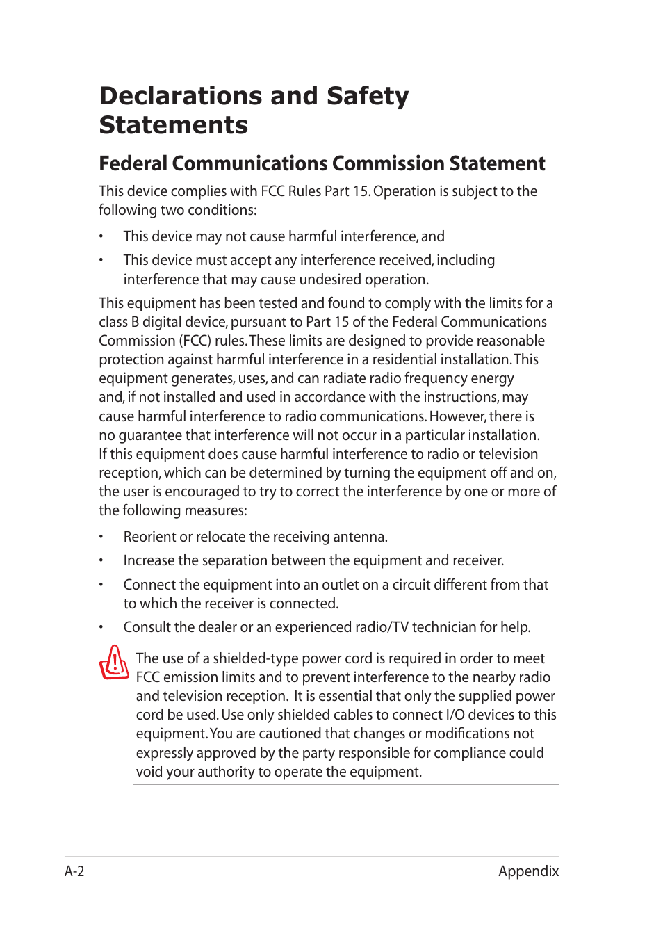 Declarations and safety statements, Federal communications commission statement | Asus Eee PC 1018P User Manual | Page 50 / 64