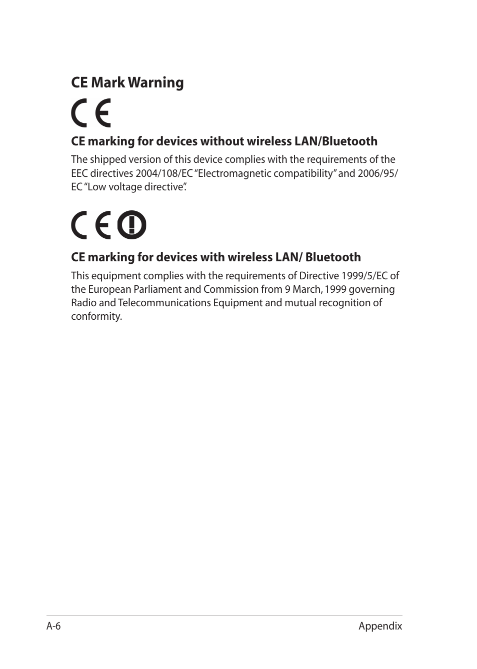 Ce mark warning | Asus Eee PC 1018P User Manual | Page 54 / 64