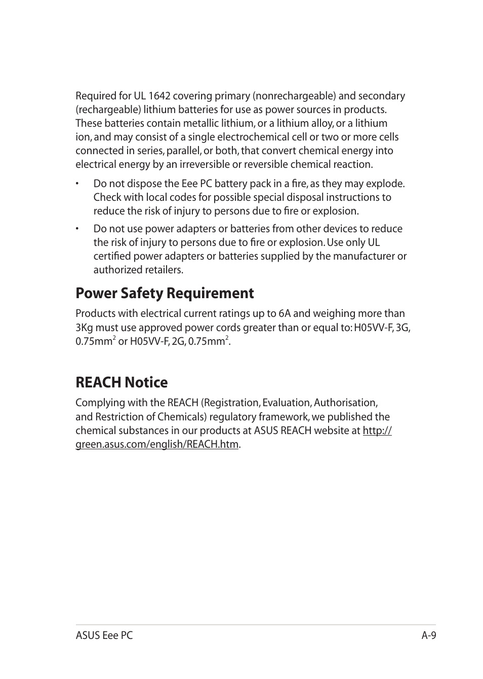 Power safety requirement, Reach notice | Asus Eee PC 1018P User Manual | Page 57 / 64