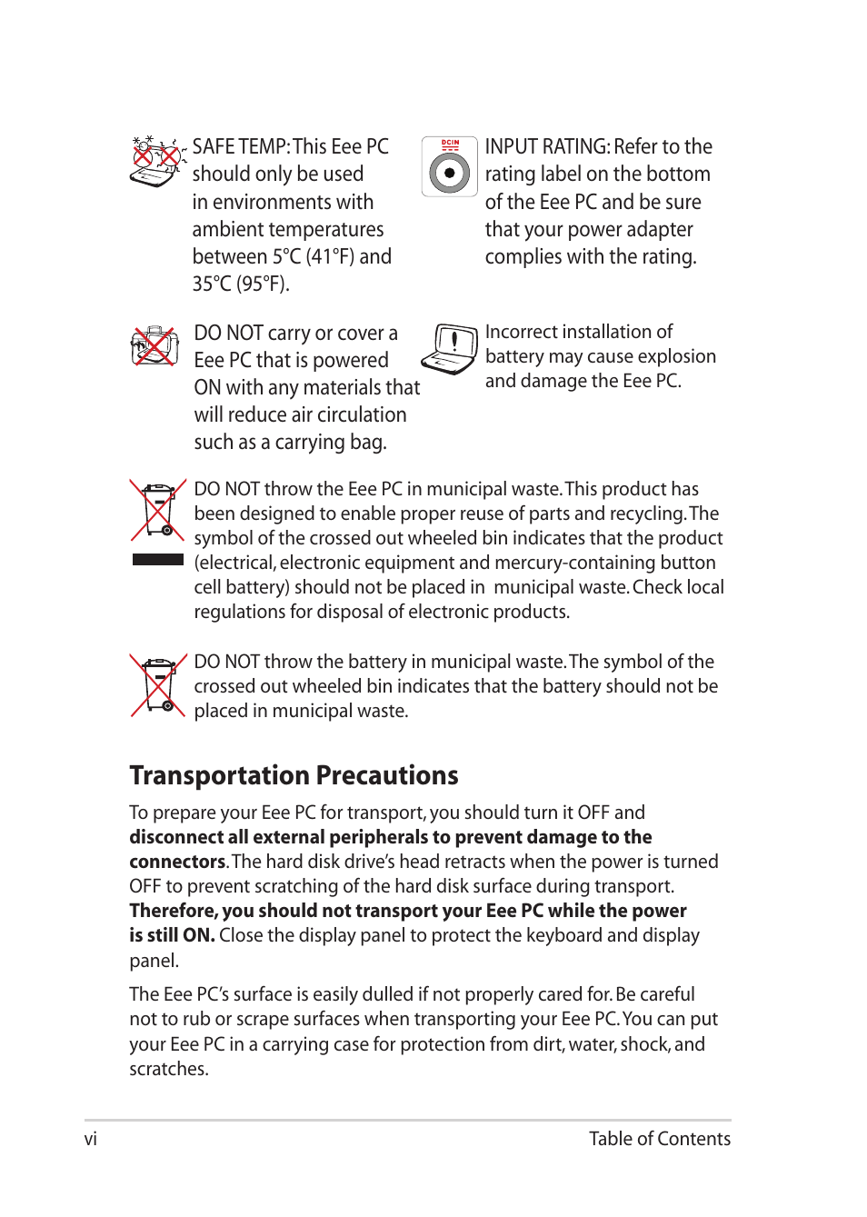 Transportation precautions | Asus Eee PC 1018P User Manual | Page 6 / 64