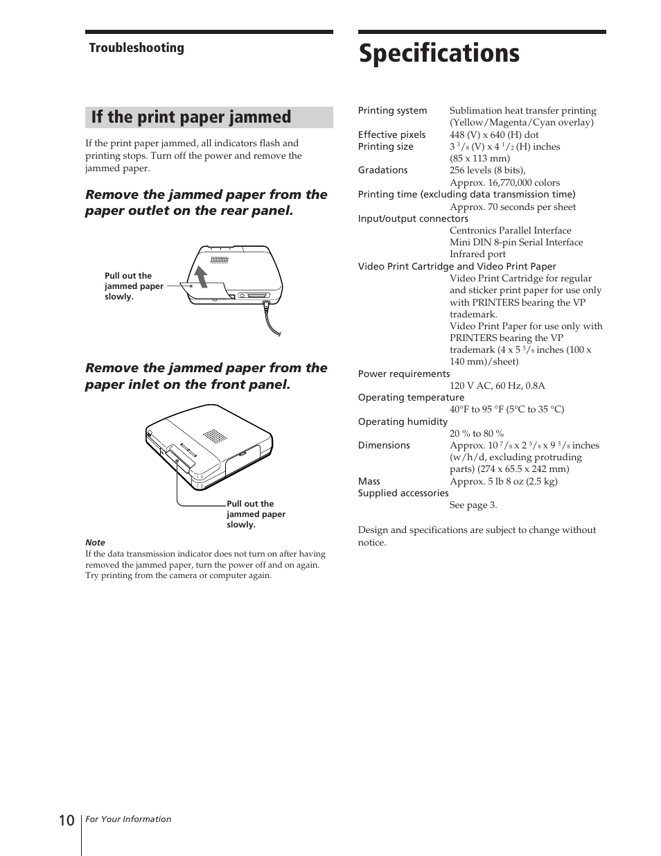 Specifications, If the print paper jammed, Troubleshooting | Sony DPP-M55 User Manual | Page 10 / 12