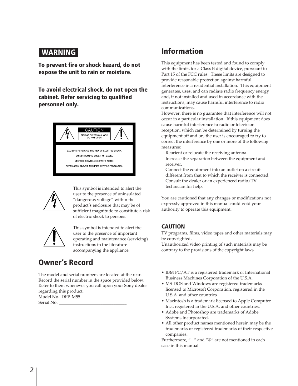 Warning, Owner‘s record, Information | Sony DPP-M55 User Manual | Page 2 / 12