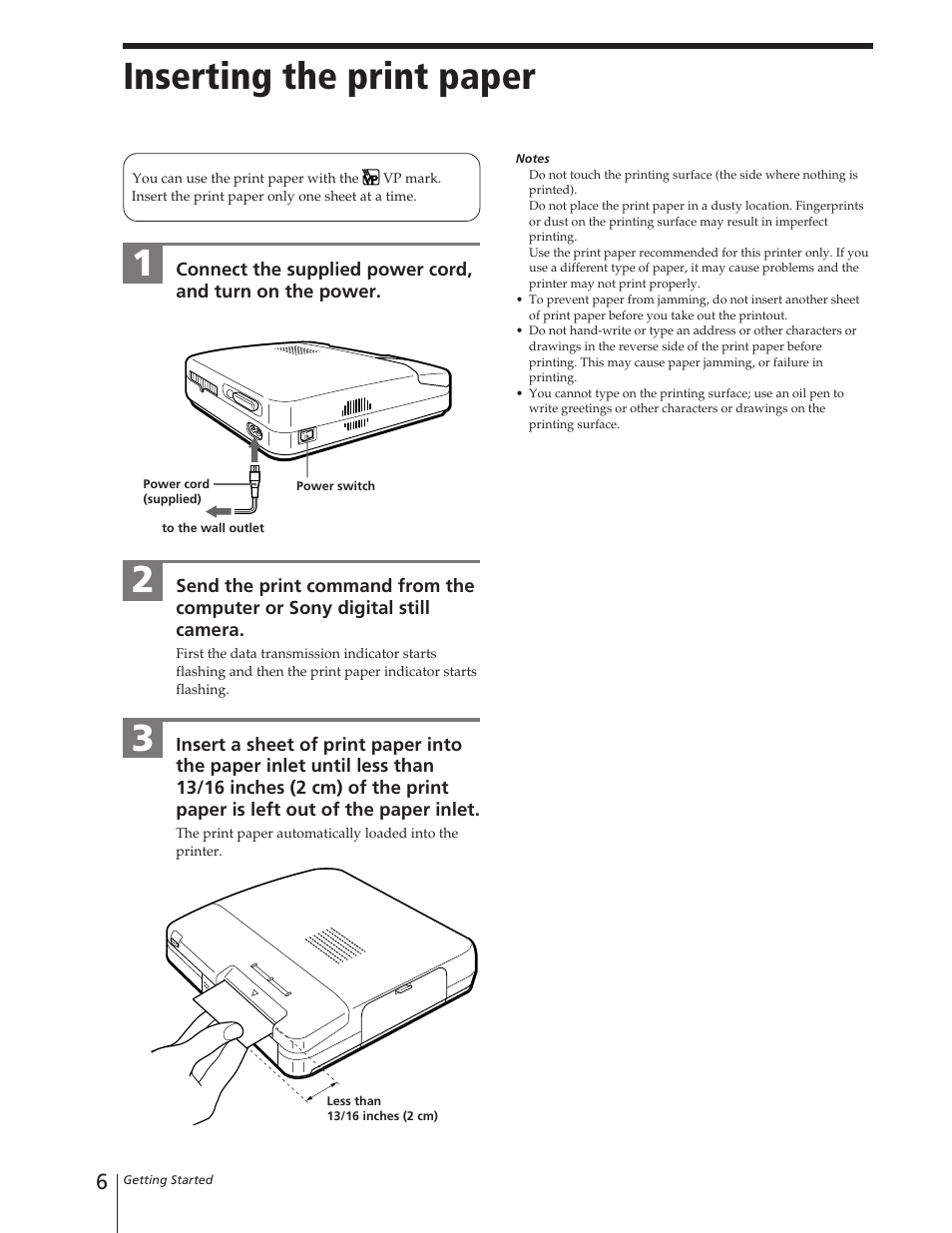 Inserting the print paper | Sony DPP-M55 User Manual | Page 6 / 12