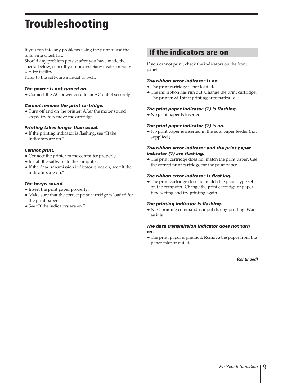 Troubleshooting, If the indicators are on | Sony DPP-M55 User Manual | Page 9 / 12