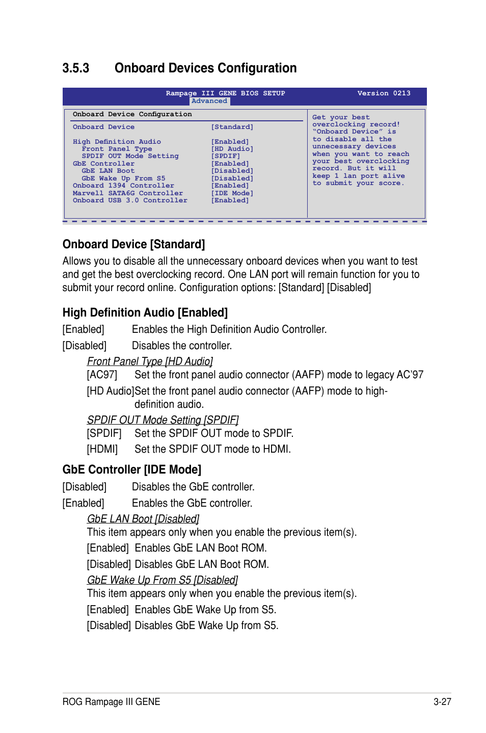 � onboard devices configuration, Onboard device �standard, High definition audio [enabled | Gbe controller �ide mode | Asus Rampage III Gene User Manual | Page 101 / 164